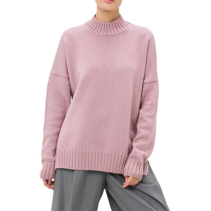 Women’s Pullover Sweater – Soft Ribbed Knit – Oversized Fit – Semi-High Neck – Casual