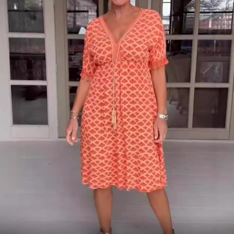 Women’s Midi Dress – Relaxed Fit – V-Neck with Tassel Tie – Geometric Print – Fringed Sleeves – Breathable Blend