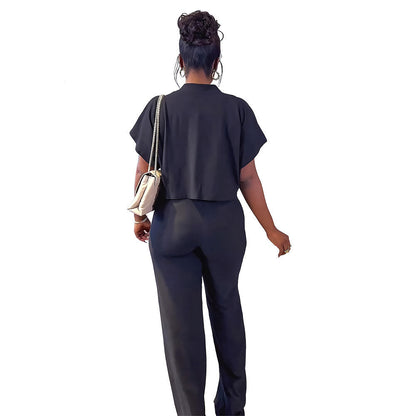 Women’s Two-Piece Set – Knit – Cropped Button-Up Top – High-Waist Pants