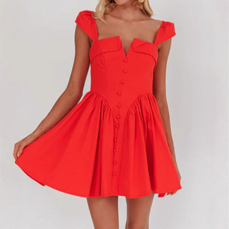 Women’s Sleeveless Mini Dress – Cotton Blend – Square Neck – Fitted Pleated Skirt