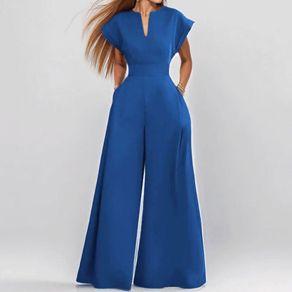 Women’s Jumpsuit – V-Neck – Short Sleeve – Wide Leg – Loose Fit – Lightweight Fabric