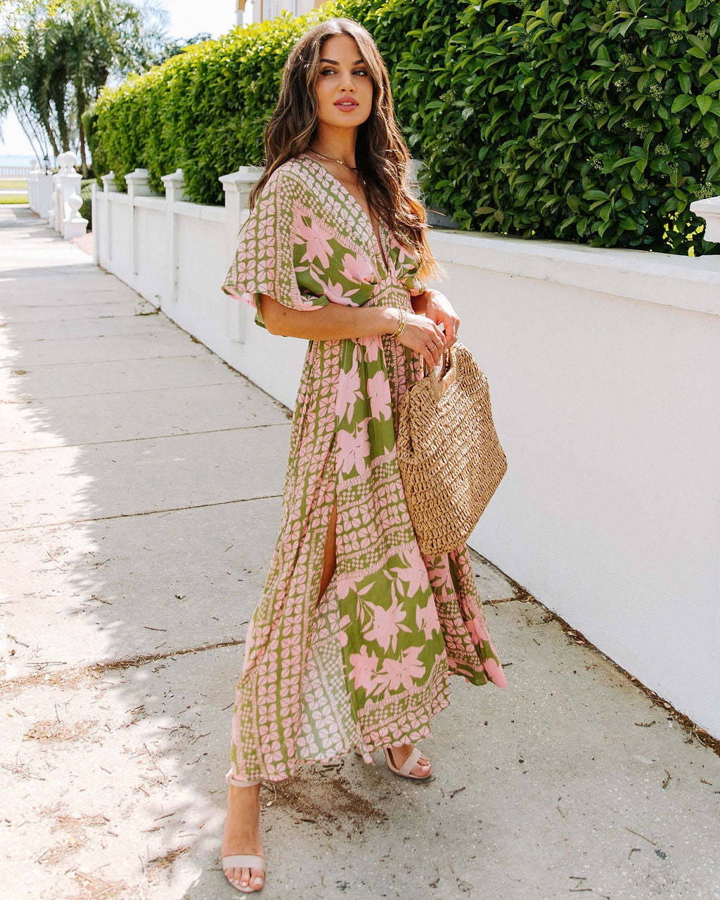 Women's Maxi Dress – Wrap V-Neck – High Waist – Short Sleeve – Side Slit Floral