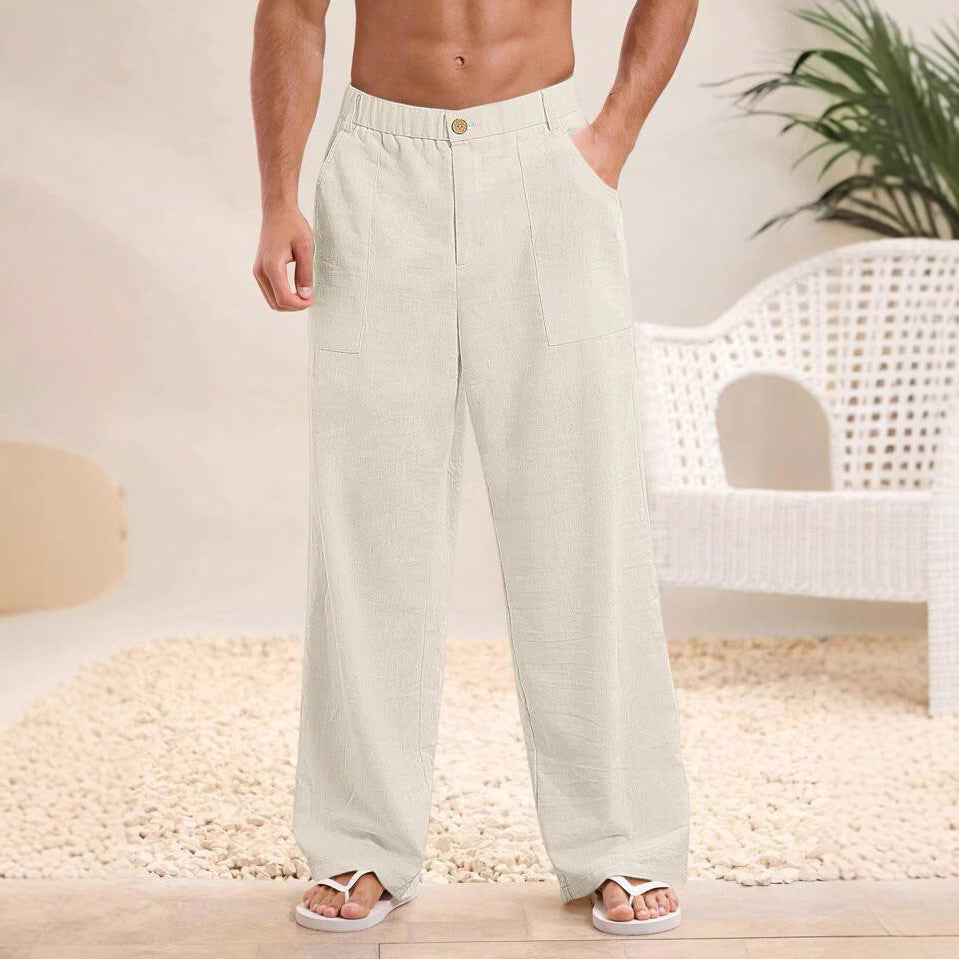 Men’s Casual Trousers – Cotton Linen Blend – Relaxed Fit – Elastic Waist – Full Length