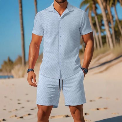 Men’s Shirt and Shorts Set – Slim Fit – Embossed Texture – Lightweight Cotton Blend