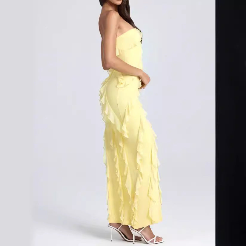 Women’s Strapless Gown – Slim Fit – Ruffle Detail – Asymmetrical Hem – Full Length