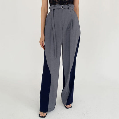 Women’s Wide-Leg Trousers – High Waist – Belted with Ring – Color Block – Full Length