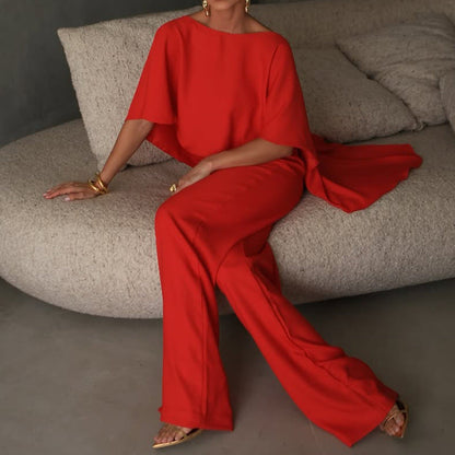 Women’s Two-Piece Set – Asymmetrical Top – Wide-Leg Pants – Elegant Draped Fit