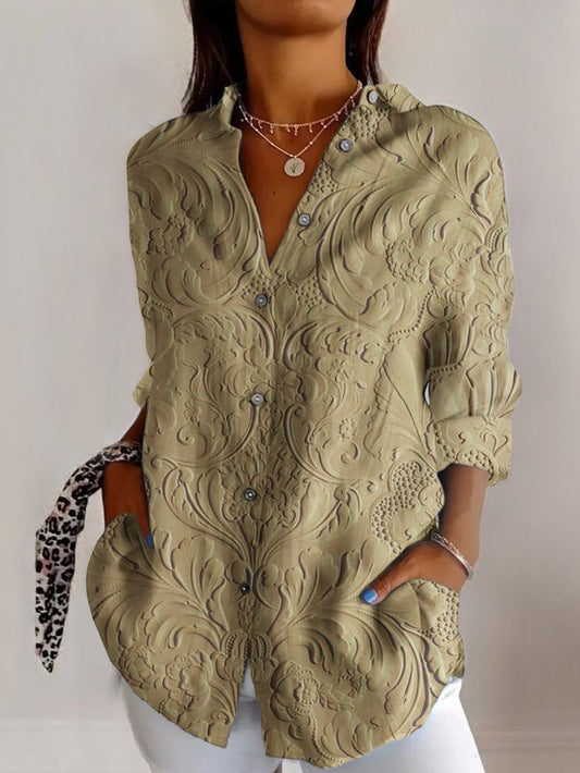 Women’s Shirt – Relaxed Fit – Embossed Floral Pattern – Button-Up – V-Neck – Cotton Blend