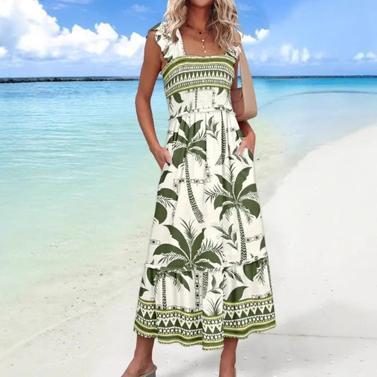 Women’s Midi Dress – Cotton Blend – Square Neck – Ruffle Sleeves – Smocked Bodice
