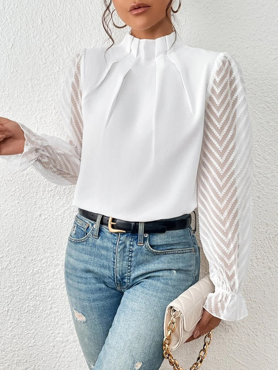 Women’s Blouse – Relaxed Fit – High Neck – Sheer Sleeves – Soft Silk Feel