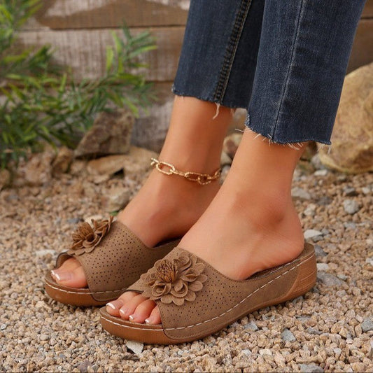 Women’s Wedge Sandals – Open Toe – Perforated Faux Suede – Floral Accent – Casual Wear