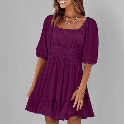 Women’s Fit and Flare Dress – Cotton – Square Neck – Puff Sleeve – Ruffle Hem