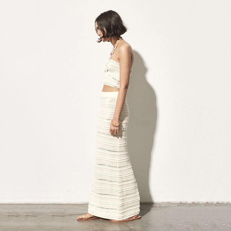 Women’s Two-Piece Set – Crochet Bandeau Top Twist Front – High-Waisted Slim Midi Skirt