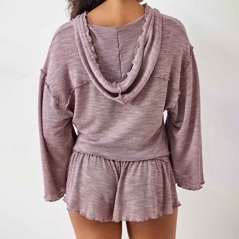 Women’s Two-Piece Set – Cropped Long Sleeve Hooded Top – High Waist Flowy Shorts