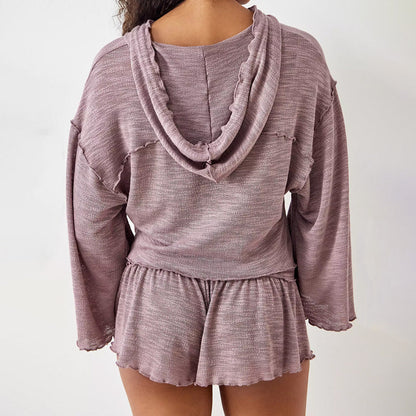 Women’s Two-Piece Set – Cropped Long Sleeve Hooded Top – High Waist Flowy Shorts