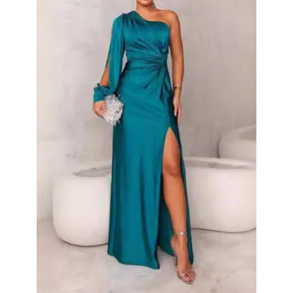 Women’s Maxi Dress – Satin – One Shoulder – Slim Fit – Ruched Waist – High Slit – Long Sleeve