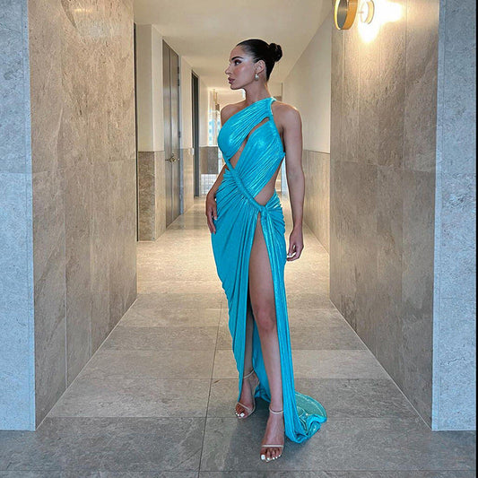Women’s Evening Gown – Bodycon Fit – One Shoulder – Satin Look – High Slit – Cut-Out Draped