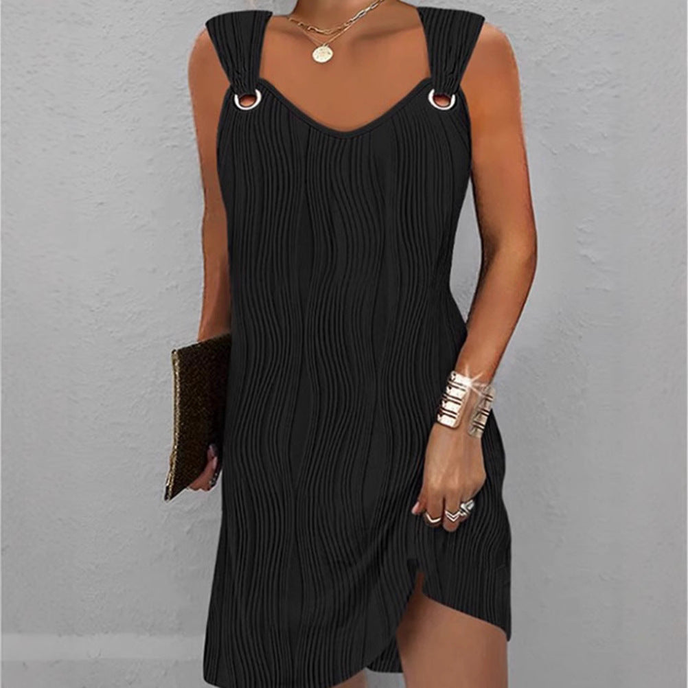 Women’s Mini Dress – Slim Fit – Soft Knit – Wave Pattern – V-Neck – Metal Strap Rings