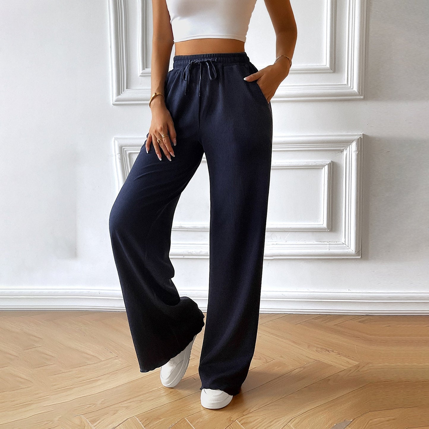Women’s Wide-Leg Pants – Lightweight Breathable Fabric – Elastic Waist Drawstring – Full Length