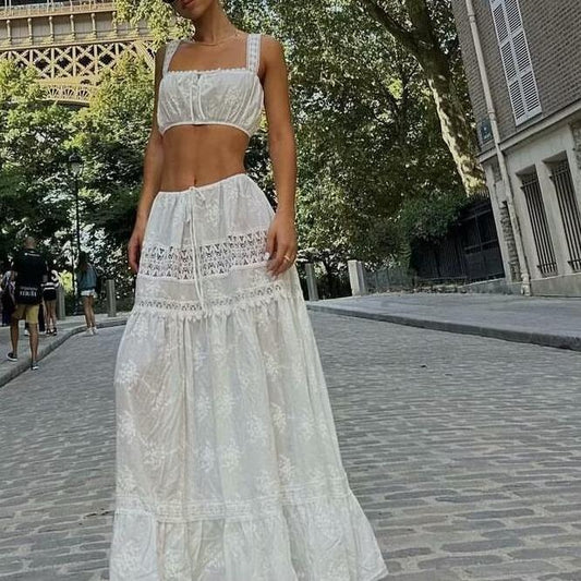 Women’s Two-Piece Set – Lace Off Shoulder Crop Top – Tiered Maxi Skirt – Boho Style