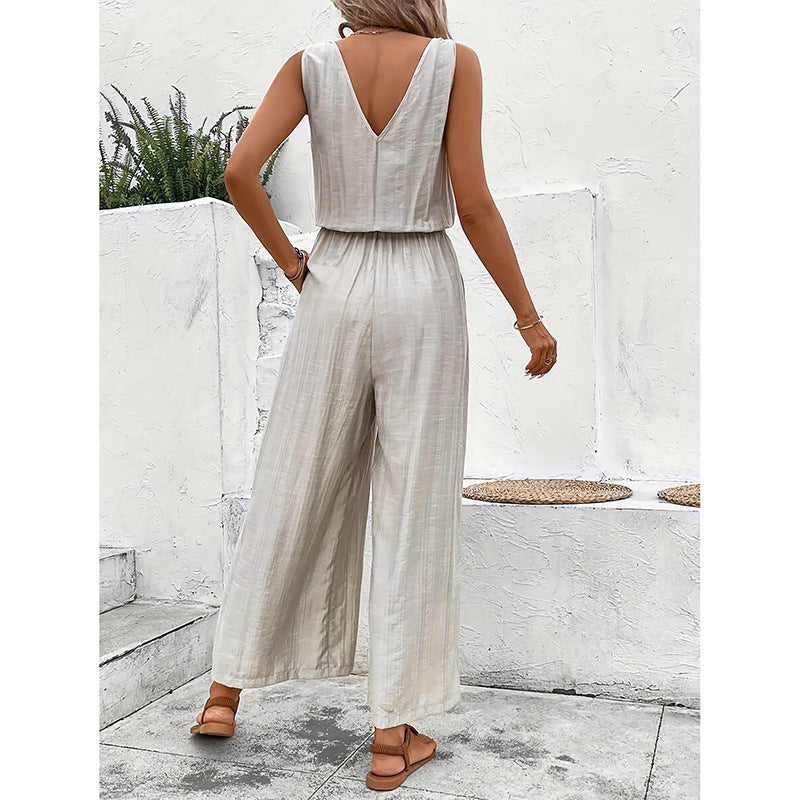Women’s Jumpsuit – Cotton Blend – Relaxed Fit – Sleeveless Wide Leg – Button Front