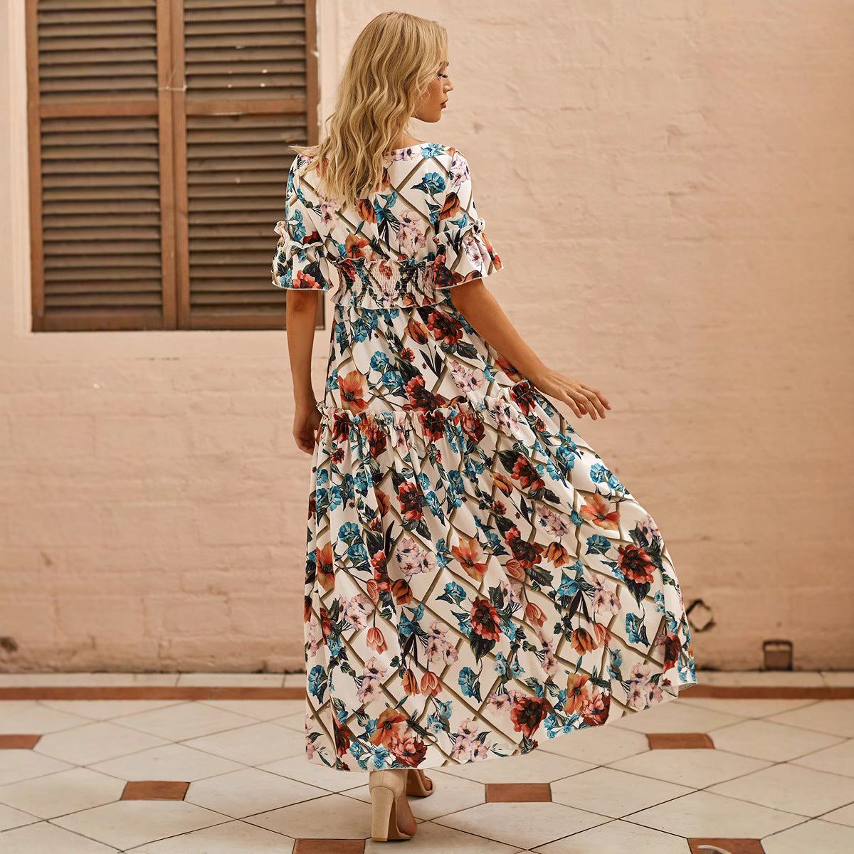 Women’s Maxi Dress – Smocked Bodice – Flutter Sleeve – Tiered Skirt – Breathable Blend
