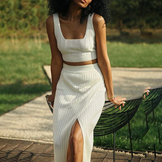 Women’s Knit Skirt – Slim Fit – High Waist – Ribbed Texture – Midi Length with Slit