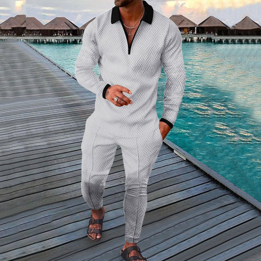 Men’s Sports Leisure Suit – Slim Fit – Long Sleeve Polo – Geometric Print