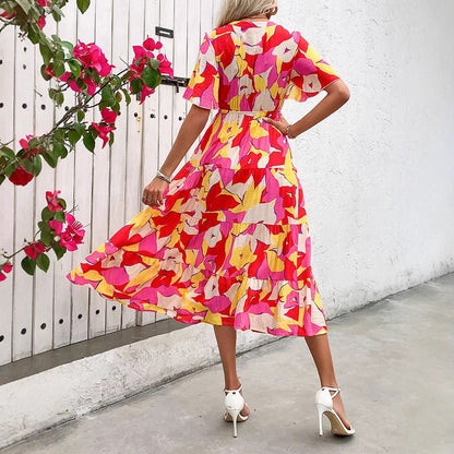 Women’s A-line Dress – Lightweight Cotton Blend – Ruffled Sleeves – Button Front – Midi Length – Abstract Print