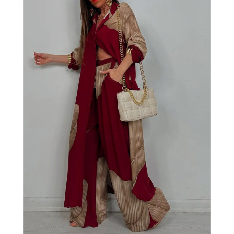 Women’s Two-Piece Set – Relaxed Fit Long Shirt – Button-Down – Wide-Leg Cotton Pants