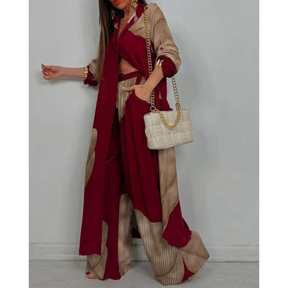 Women’s Two-Piece Set – Relaxed Fit Long Shirt – Button-Down – Wide-Leg Cotton Pants