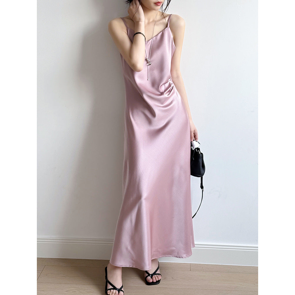 Women’s Camisole Dress – Satin Fabric – A-Line Fit – Draped Neck – Midi Length