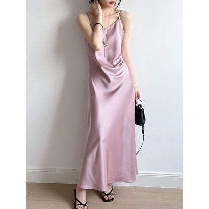 Women’s Camisole Dress – Satin Fabric – A-Line Fit – Draped Neck – Midi Length
