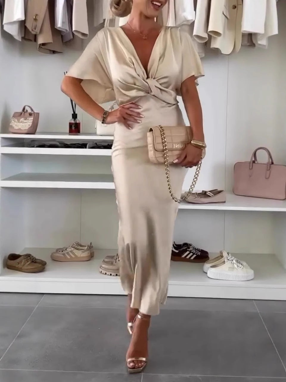 Women’s Maxi Dress - Satin - Draped Bodice With Form-Fitting Skirt - V-Neck - Dolman Sleeves