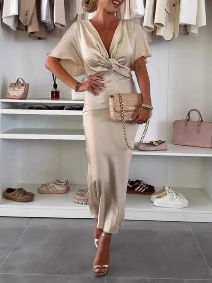 Women’s Maxi Dress - Satin - Draped Bodice With Form-Fitting Skirt - V-Neck - Dolman Sleeves