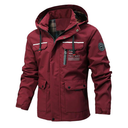 Men’s Windbreaker Jacket – Water-Resistant – Mid-Length – Hooded – Multi-Pocket Outdoor