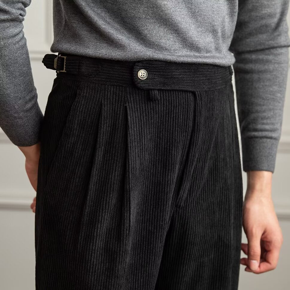 Men’s Corduroy Trousers – High Waist – Straight Fit – Pleated Front – Rolled Cuffs