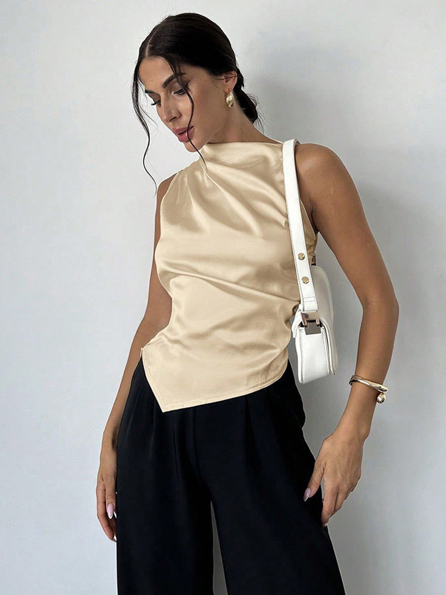 Women’s Sleeveless Blouse – Slim Fit – High Neck – Draped Front – Luxury Fabric