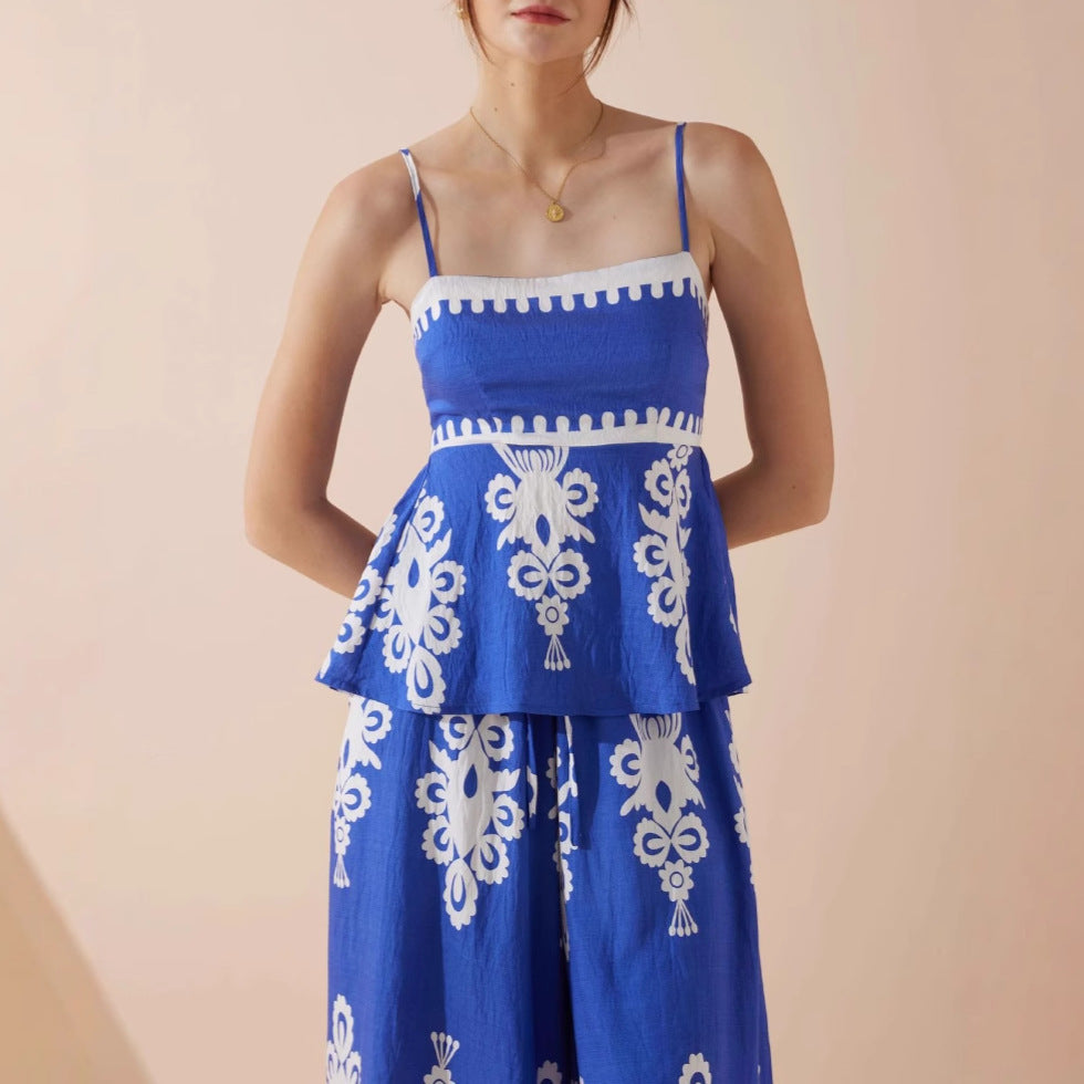 Women’s Two-Piece Set – Cotton Blend – Peplum Top Spaghetti Straps – Wide Leg Pants