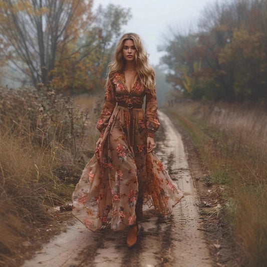 Women’s Maxi Dress – Digital Print – Long Sleeve – Belted Waist – Flowing Silhouette