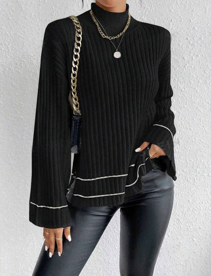 Women’s Knitted Sweater – Oversized Fit – Ribbed Texture – Mock Neck – Flared Sleeve