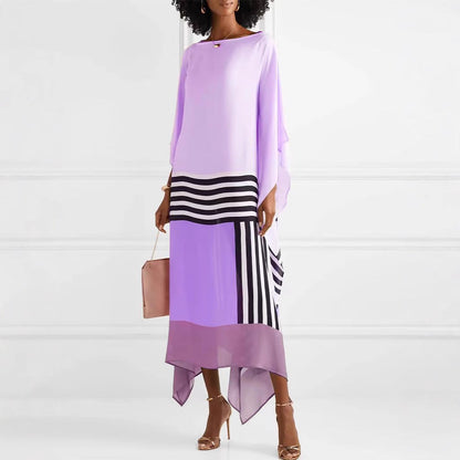 Women’s Maxi Dress – One Shoulder – Loose Fit – Asymmetrical Hem – Striped Panels