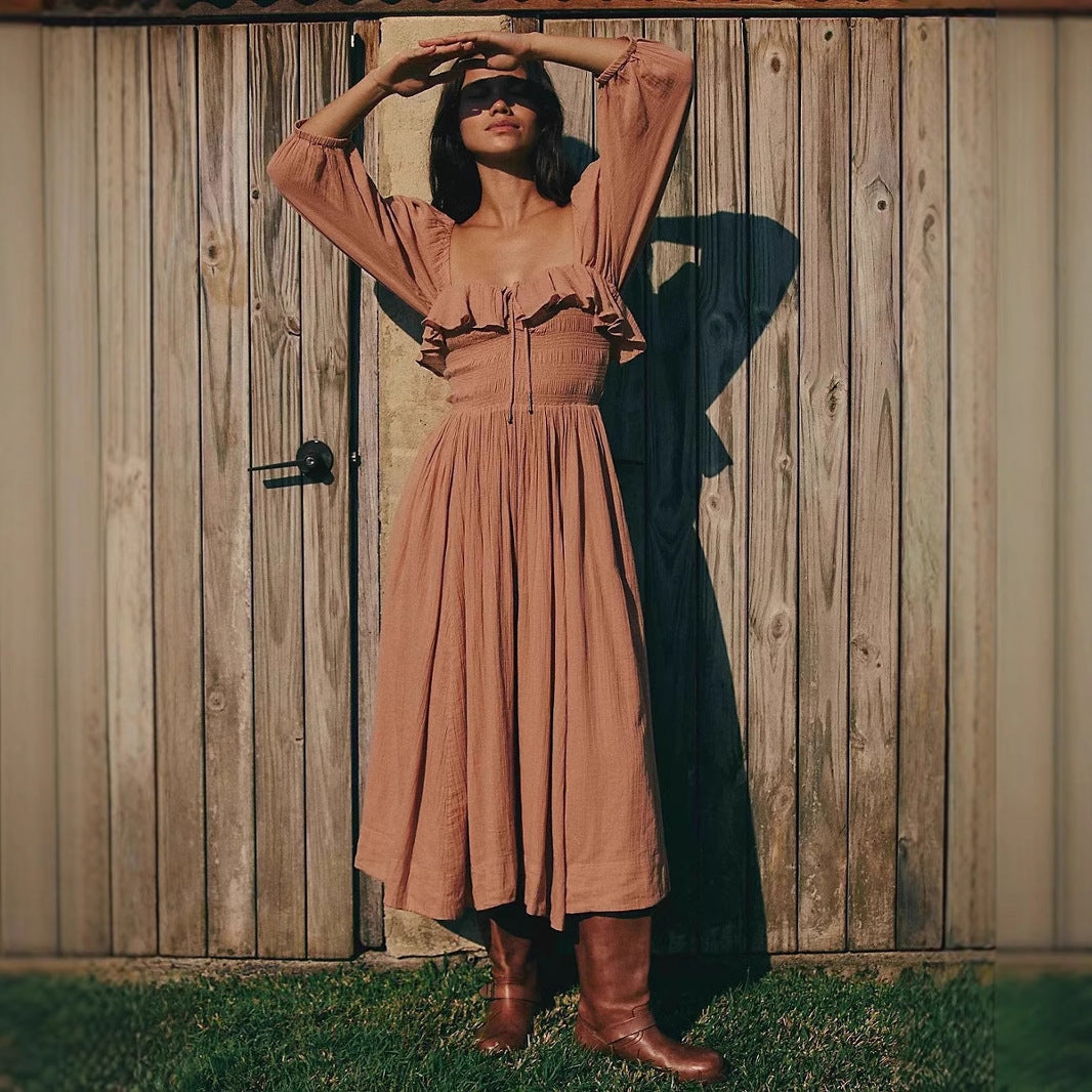 Women’s A-Line Dress – Cotton Blend – Smocked Waist – Long Sleeve V-Neck Ruffle