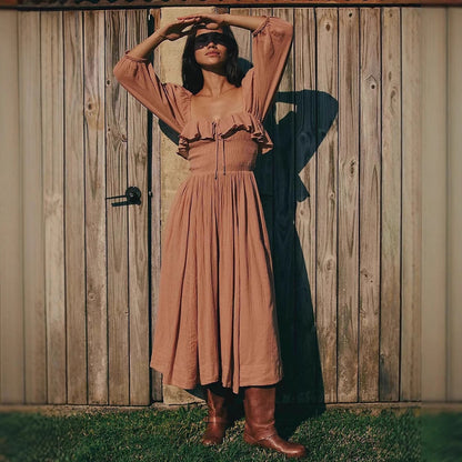 Women’s A-Line Dress – Cotton Blend – Smocked Waist – Long Sleeve V-Neck Ruffle