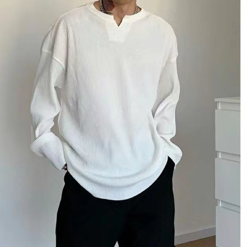 Men’s Long Sleeve T-Shirt – Ribbed Knit – Relaxed Fit – V-Neck Casual Layer
