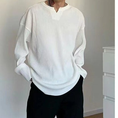 Men’s Long Sleeve T-Shirt – Ribbed Knit – Relaxed Fit – V-Neck Casual Layer
