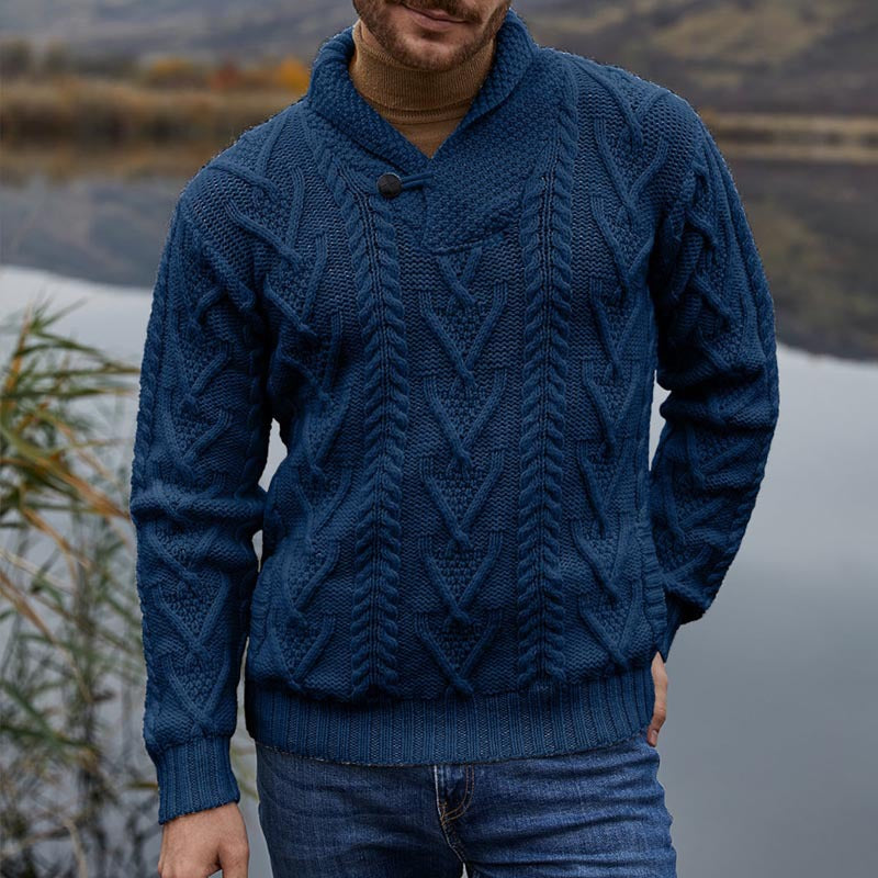Men’s Pullover Sweater – Soft Knit – Relaxed Fit – Shawl Collar with Button Closure