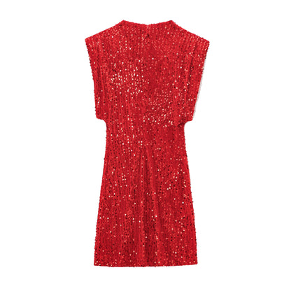 Women’s Mini Dress – Slim Fit – Sequin Fabric – Sleeveless – Structured Shoulders