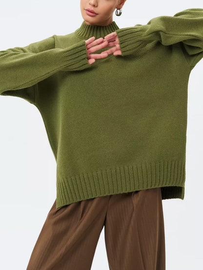Women’s Pullover Sweater – Soft Ribbed Knit – Oversized Fit – Semi-High Neck – Casual