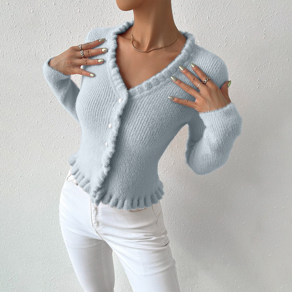 Women’s V-Neck Cardigan – Slim Fit – Pearl Buttons – Ruffle Trim